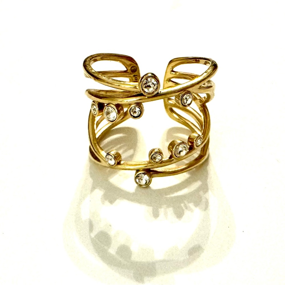 Stella & Dot - Gold & Cubic Zirconia Adjustable Ring - One Size - EUC